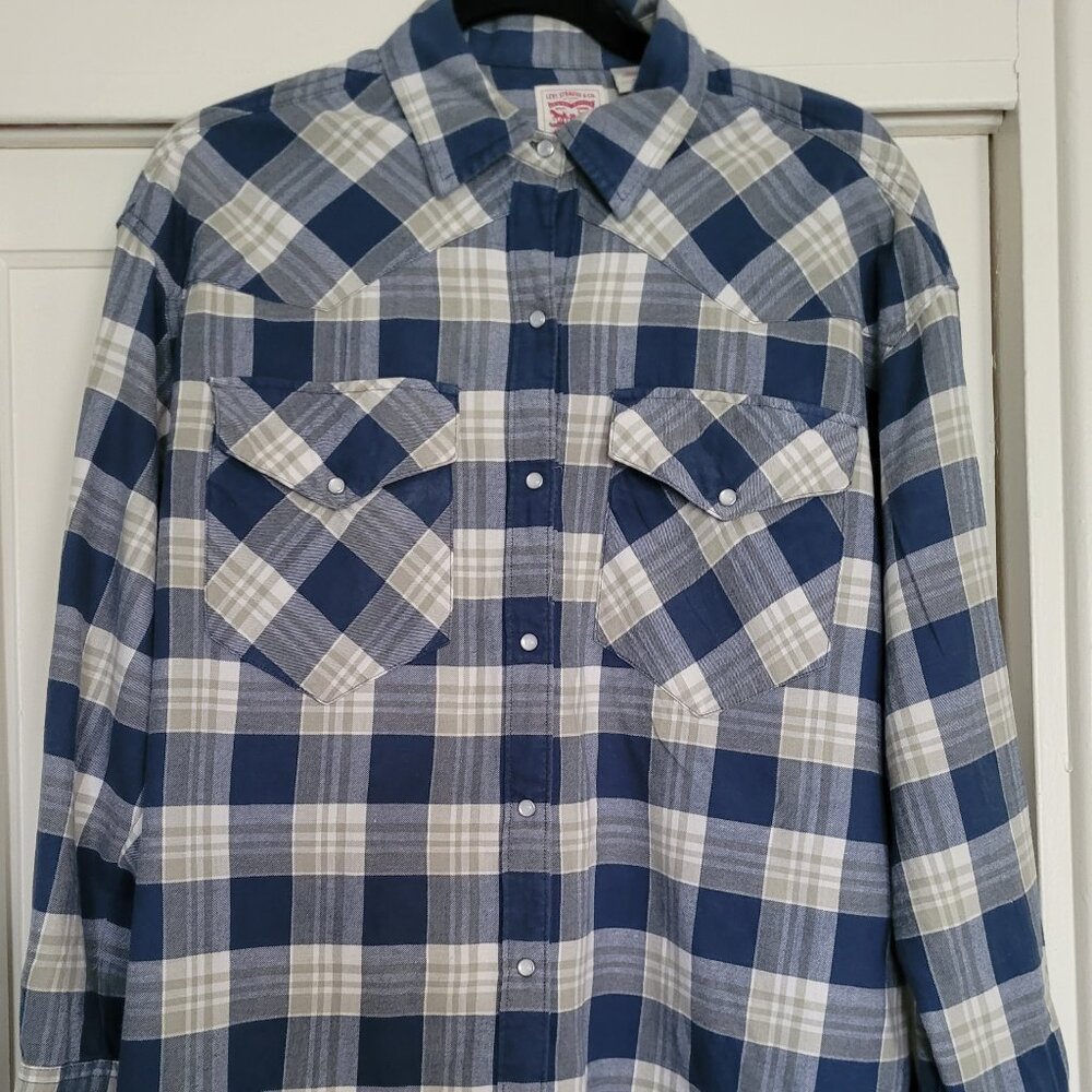 Levis Long-Sleeve Blue-Tan Small Flannel Shirt